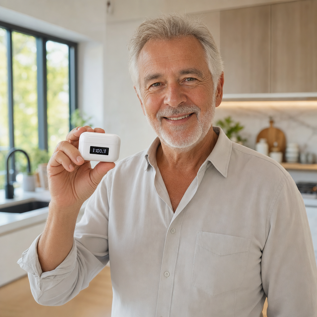 A man easily checking his ClearSound charging case battery in his kitchen