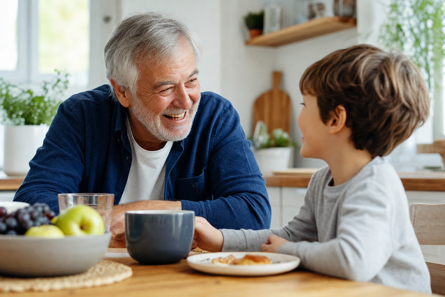A grandfather laughing and hearing his grandchild clearly at the kitchen table