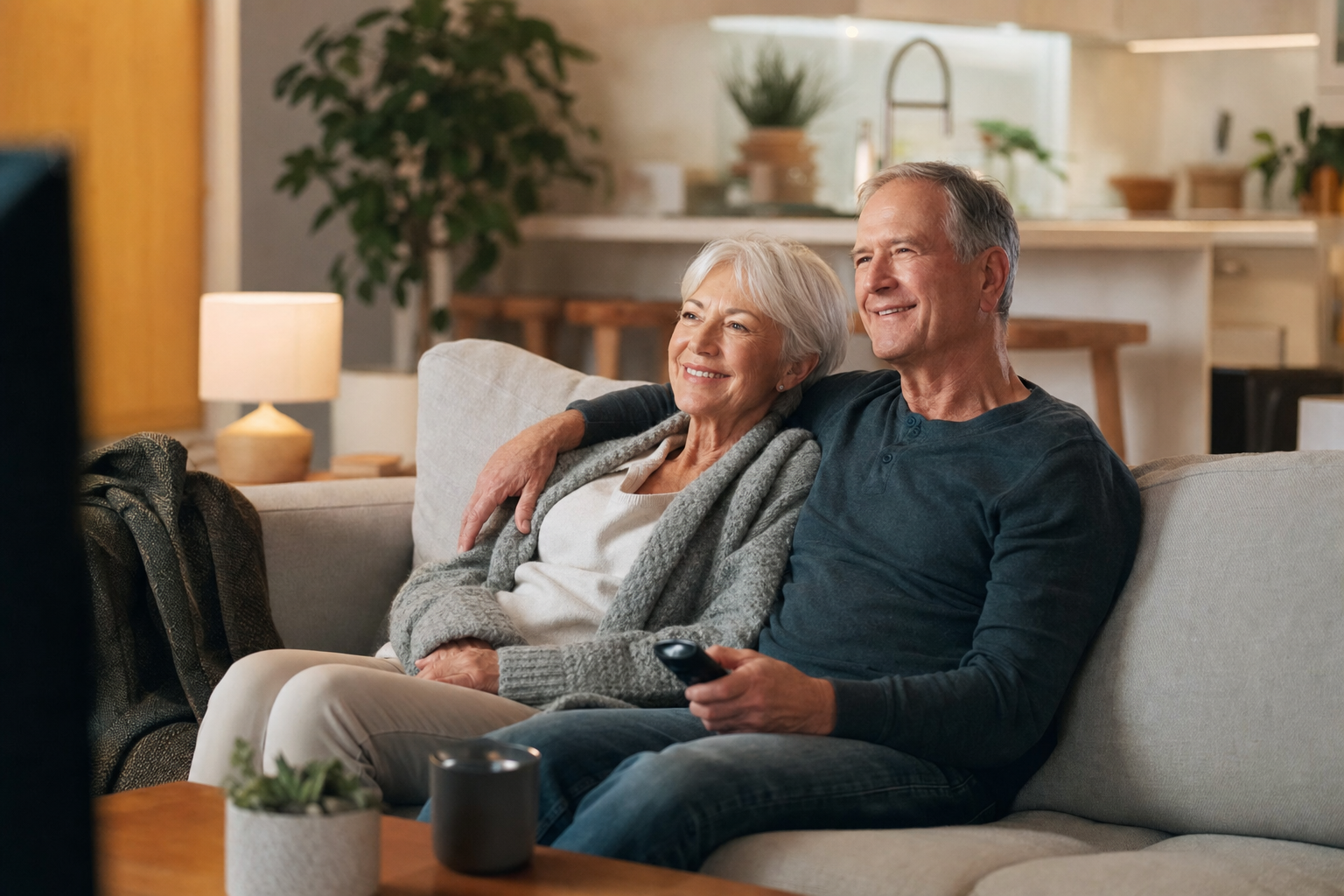 Senior couple watching TV together at a comfortable volume