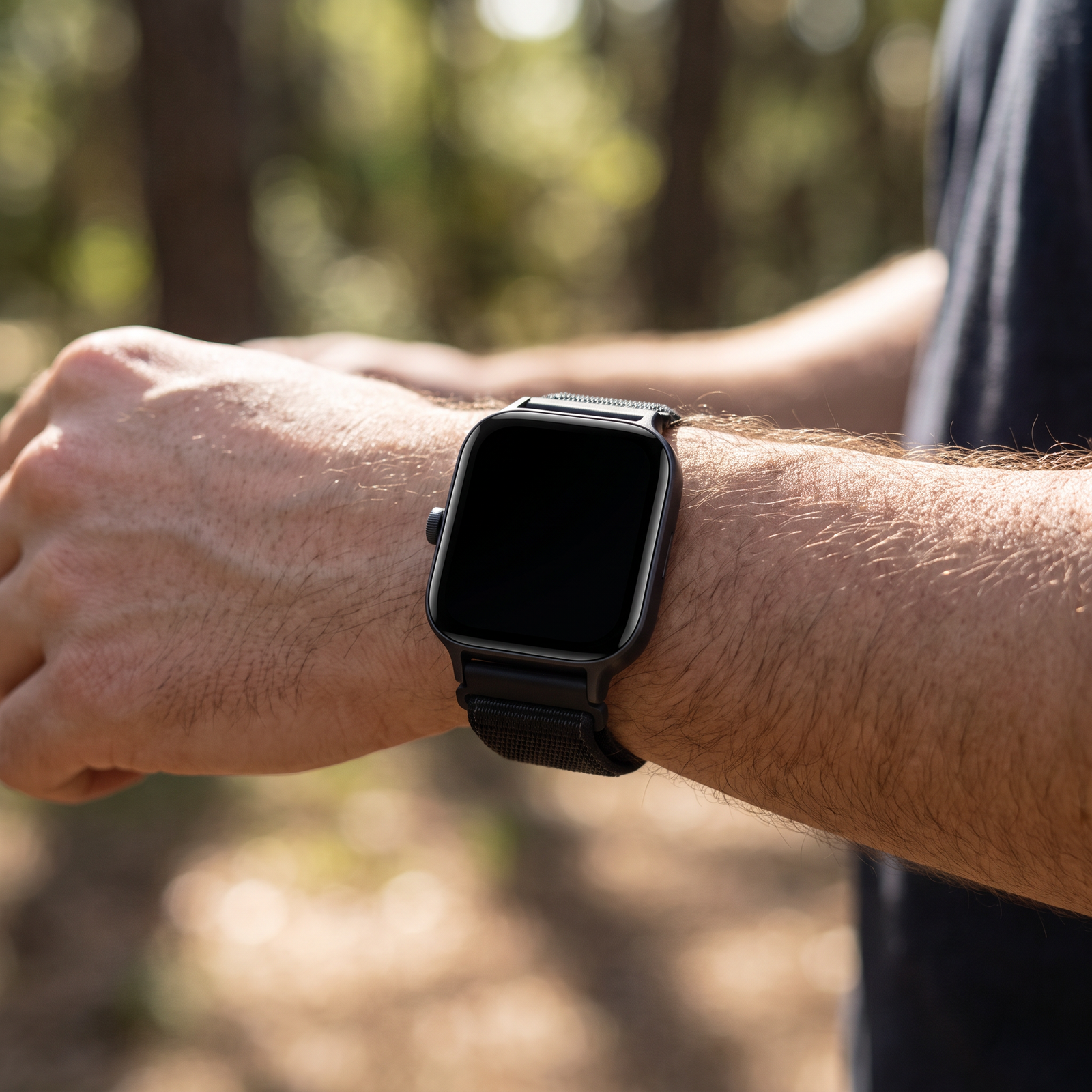 A black smartwatch with a rectangular screen and black mesh band worn on a person's wrist, photographed outdoors with a blurred forest background.