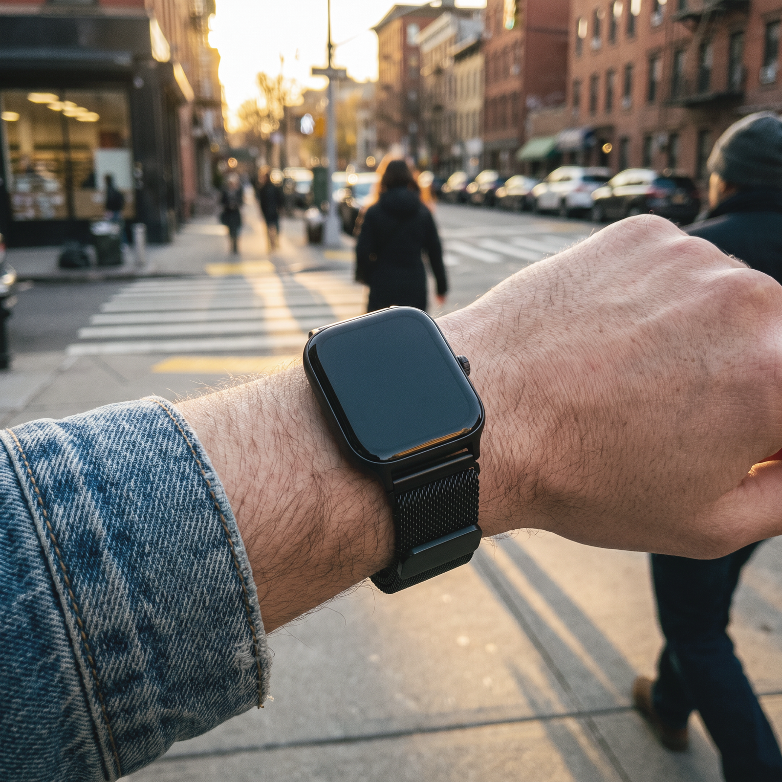 A close-up of a person's wrist wearing a black smartwatch with a black mesh band, set against a blurred city street scene at sunset.