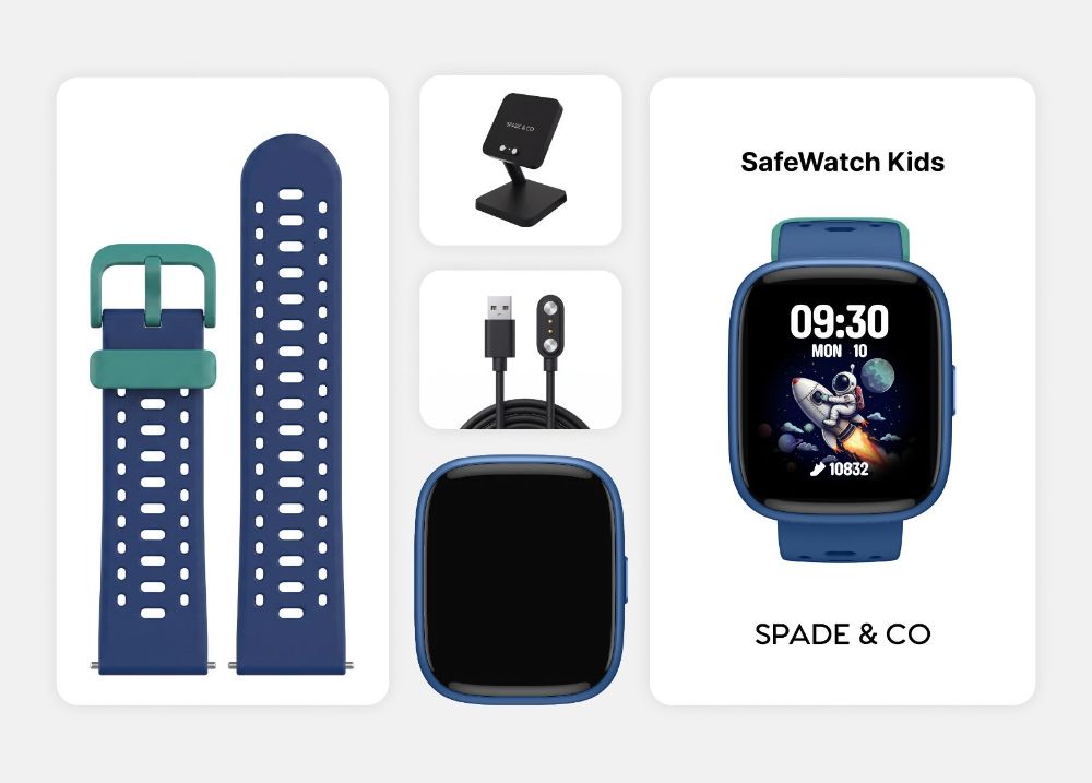 Blue SafeWatch Kids and included accessories