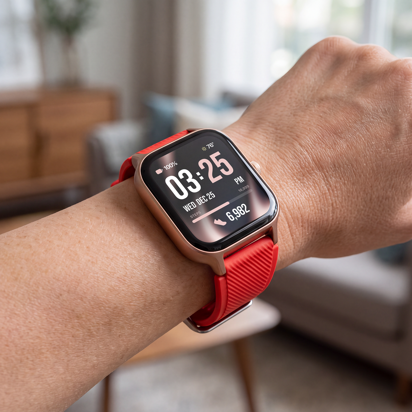 A close-up of a smartwatch on a person's wrist in a blurred indoor living room setting. The watch has a rose gold-toned case and a red band, with a digital display showing the time as 03:25.