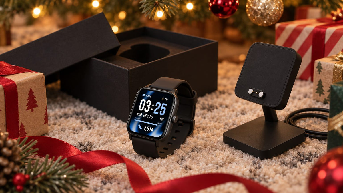 Health Smartwatch 5 and charging dock under a Christmas tree