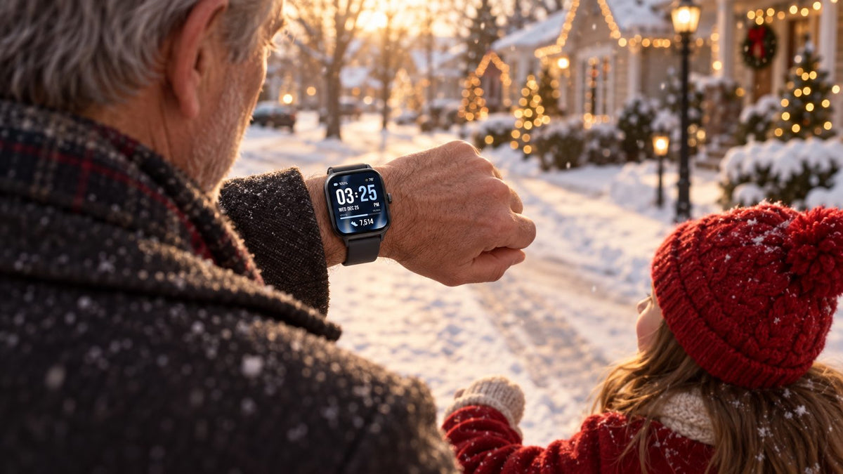 Grandfather checking his steps on a snowy walk with his granddaughter