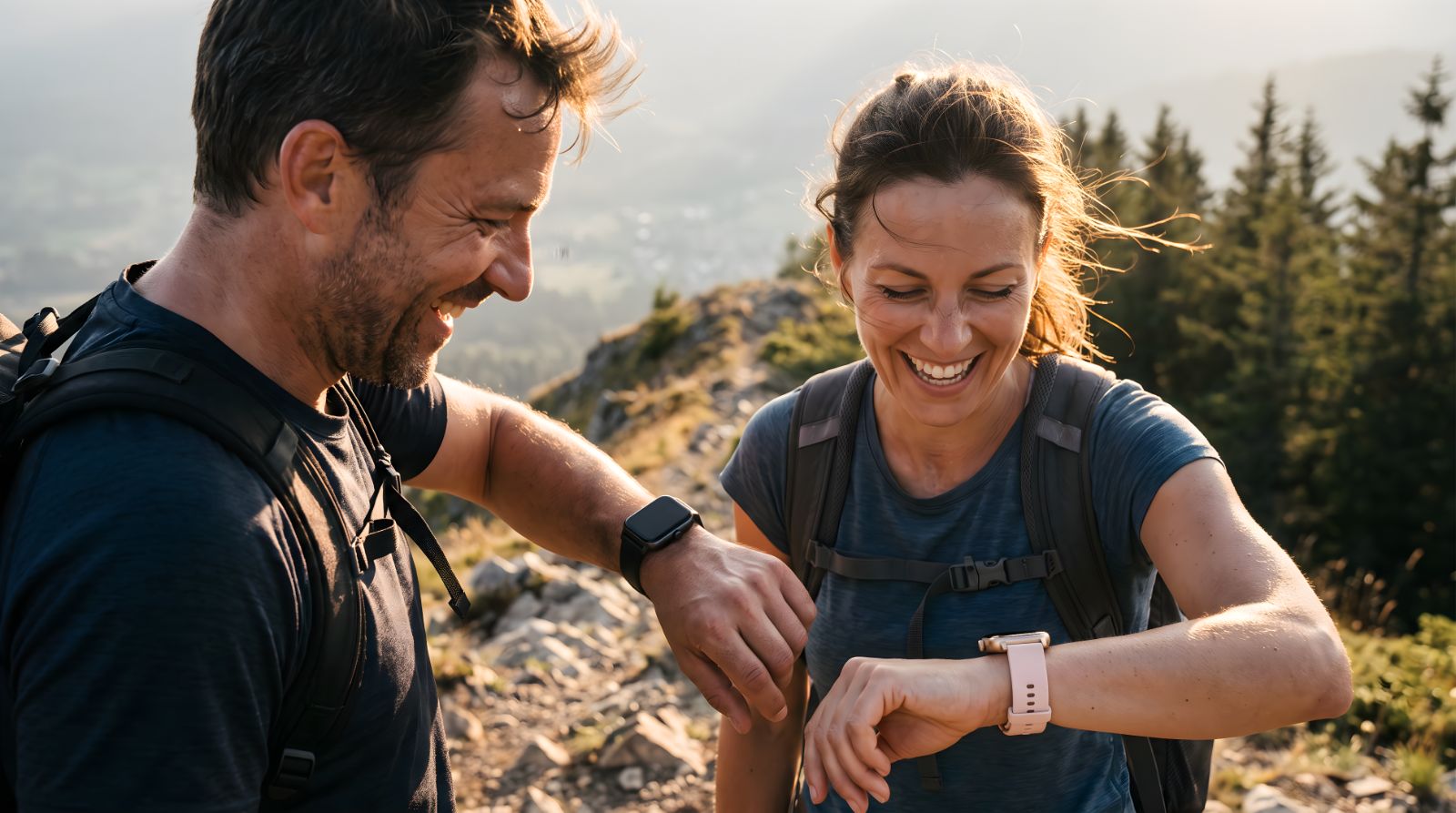 Couple walking outdoors wearing their watches